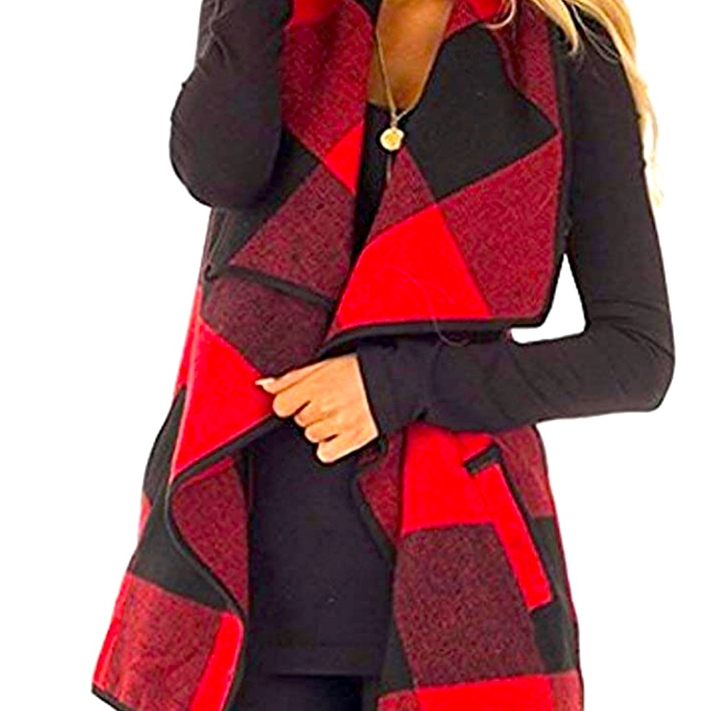 Womens XXL Buffalo Plaid Casual Lapel Open Front Vest Cardigan Coat with Pockets